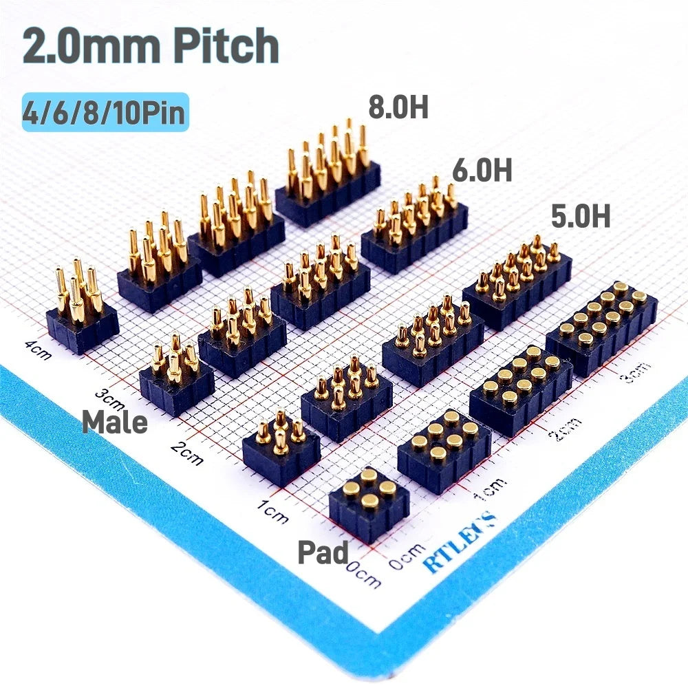 Spring-Loaded Pogo Pin Connector 2.0 mm Pitch 2 3 4 5 6 Pins Through Holes PCB SMD Height 3 4 4.5 7 mm Modular Contact Strip