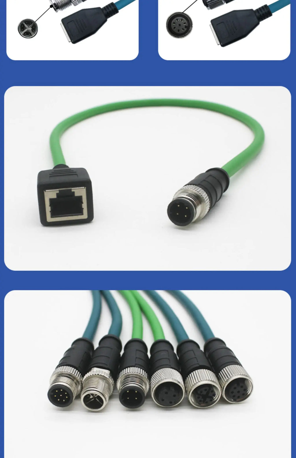 M12 to RJ45 Female Head Gigabit Ethernet Extension Cable 4Pin D-type 8Pin X-type Male A-code Waterproof Connector 1-30M IP67