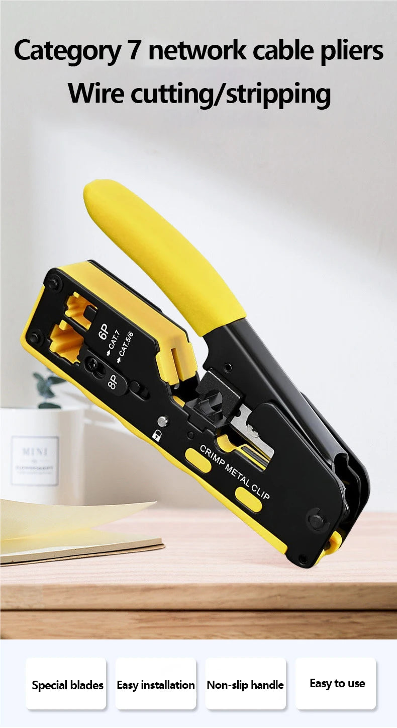 Rj45 Rj12 Rj11 Pass Through Crimp Plier Cat7 Cat6 Cat6A Cat5 Cat5e Stripping Crimping Tool with 8P/6P Ethernet Connectors