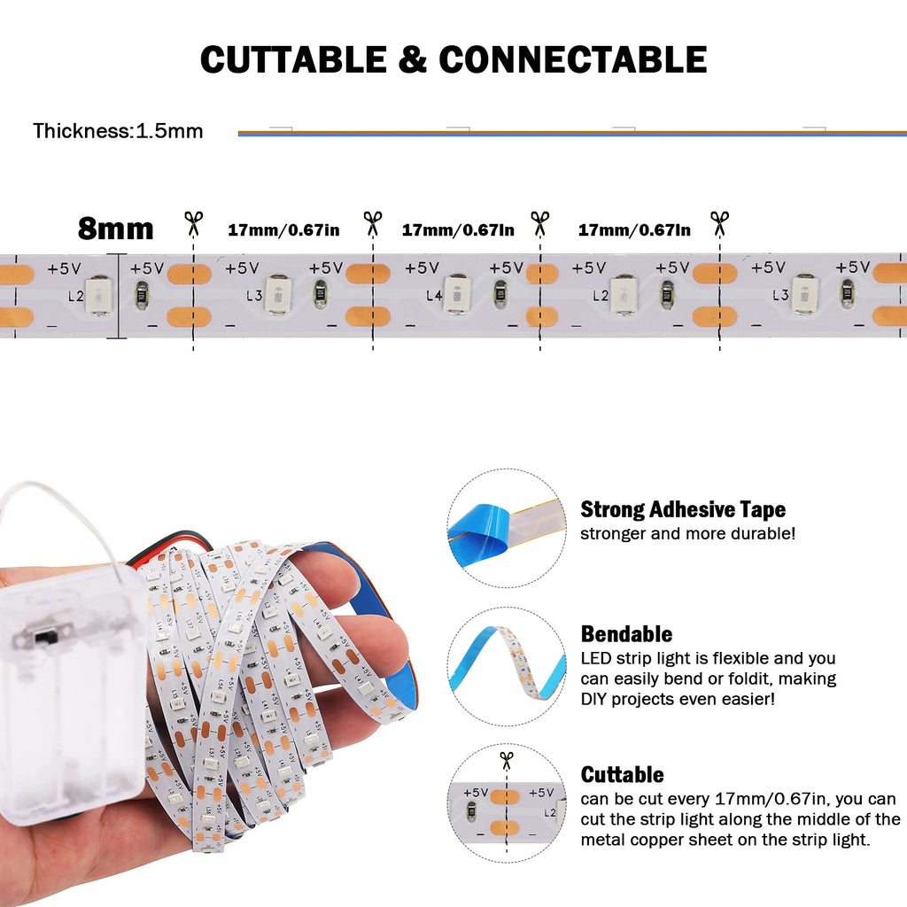 3AA Battery Power LED Strip Lights 2835 5V 60LEDs/M Warm White Red Green Ice Blue IP21/IP65 TV Room Kitchen Home DIY Decor 1M-5M