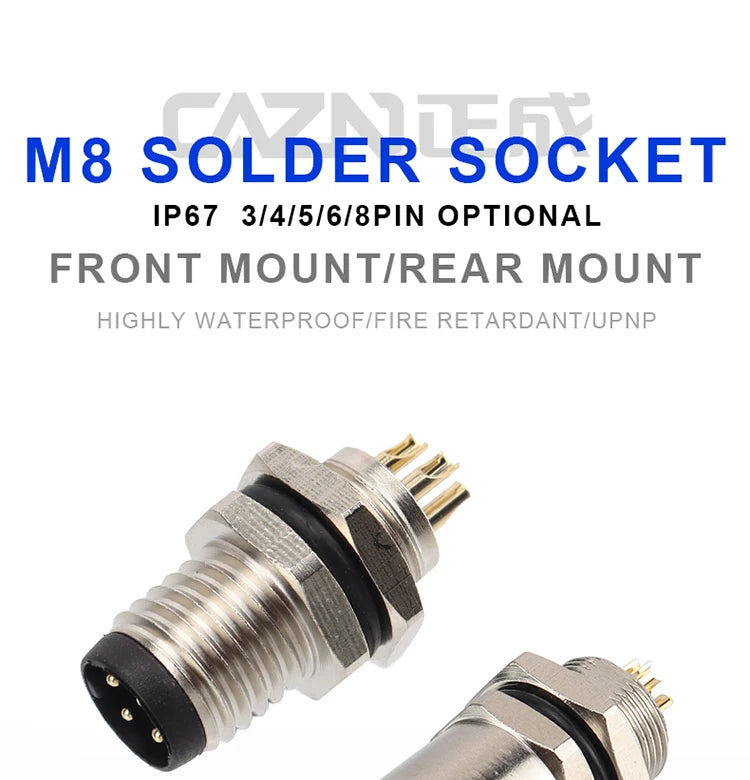 M8 Socket 3 4 5 6 8 Pins Female Male Solder Type Front Back Panel Mount Waterproof Connectors