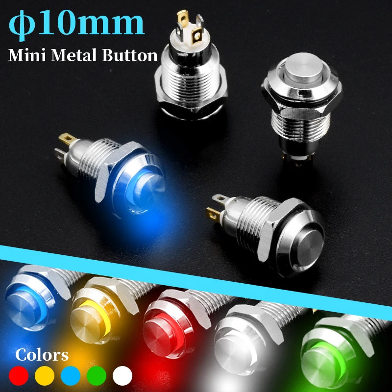 1pc 10mm Metal Push Button Switch with LED Indicator Self-reset Momentary Self-locking Latching 4pins High Head 3v5v12v24v220v