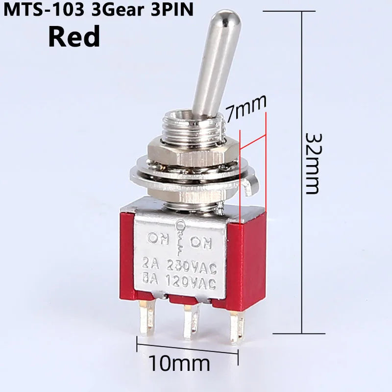 5Pcs Miniature Toggle Switch Single Pole Double Throw ON-OFF-ON /ON-ON 120VAC 6A 1/4 Inch Mounting MTS-102 103