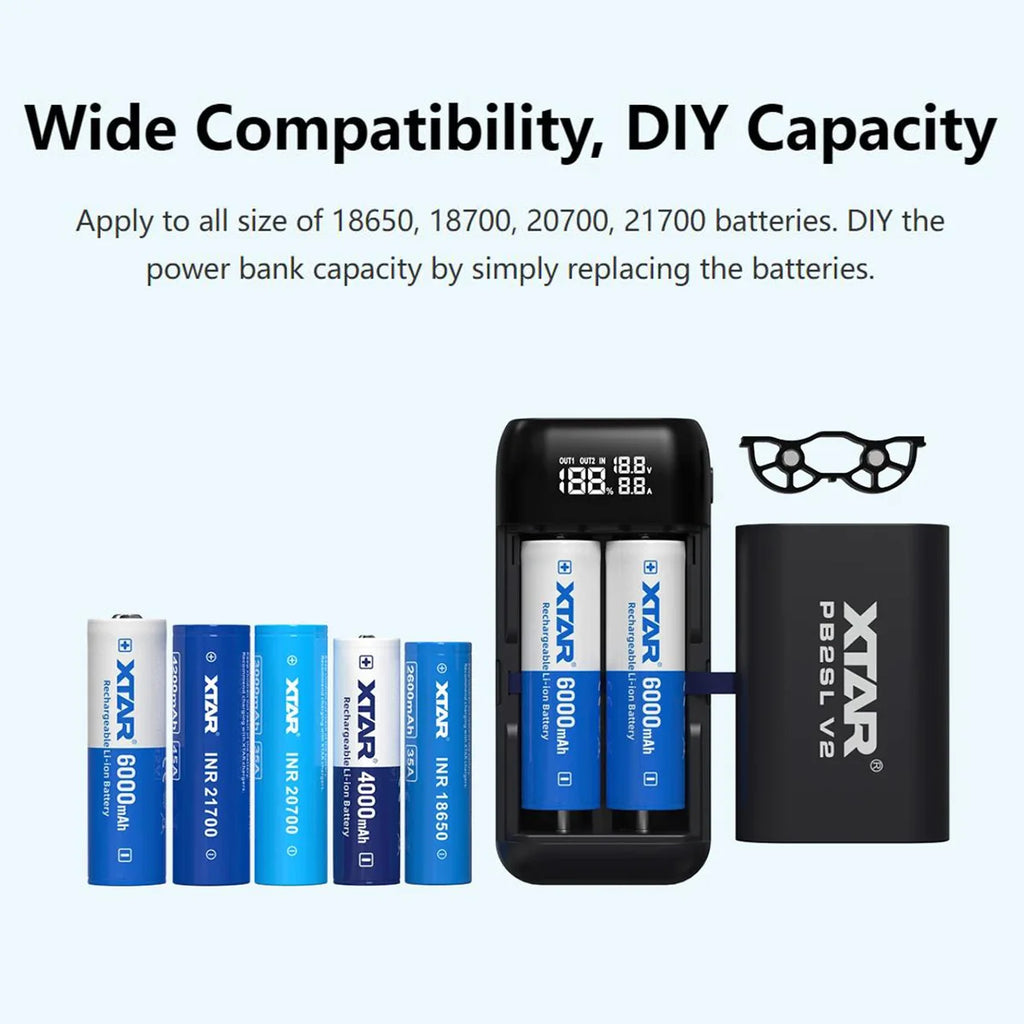XTAR PB2SL V2 18650/21700 Battery Charger & Power Bank Fast Charging Smart Management Dual Function Safe Portable Solution