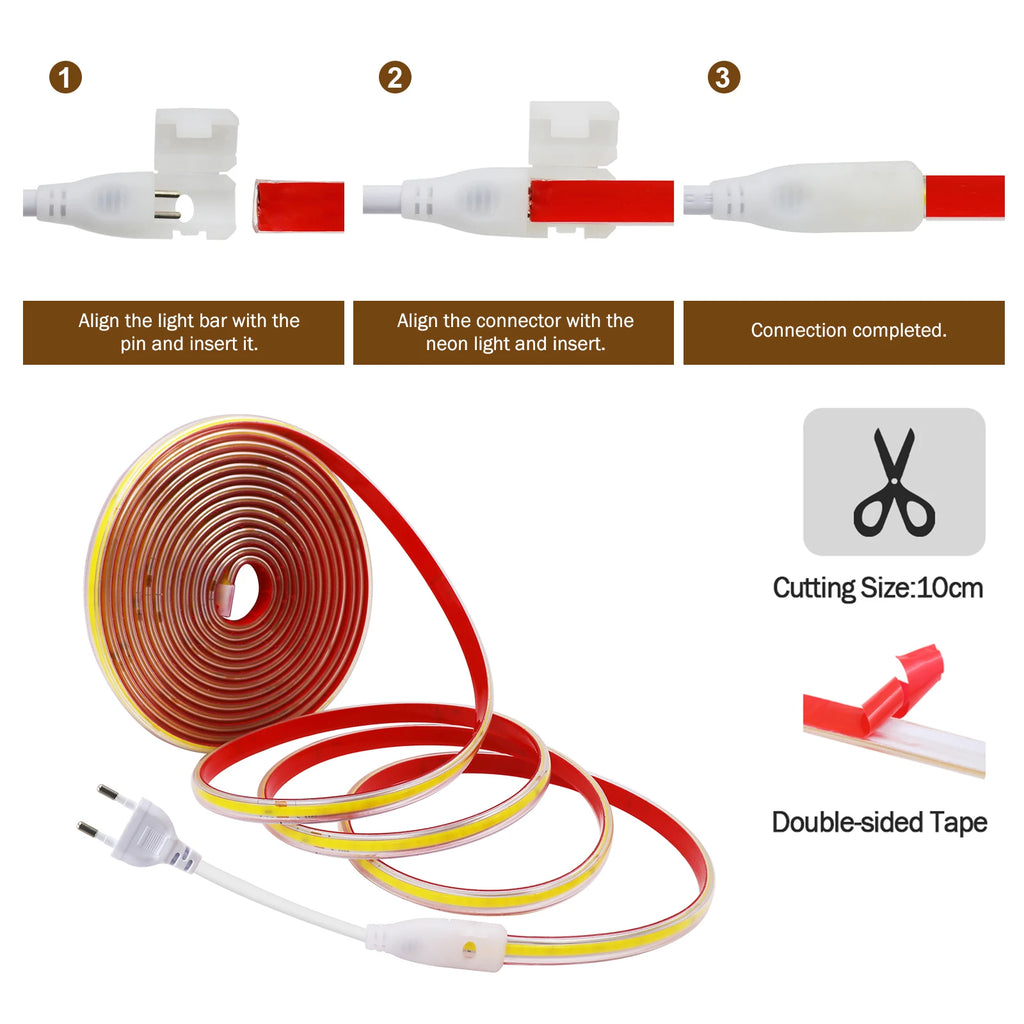 AC 220V COB Strip IP65 Waterproof 10CM Cut 240Leds/M 3000K 4000K 6000K Home Decor Flexible Ribbon Rope Tape LED Light