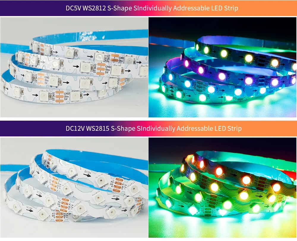 WS2812B WS2815 S-Shape Individually Addressable LED Strip Light 60LEDs/m Smart RGBIC Dream Color S Bendable 8mm Pixels Tape Bar