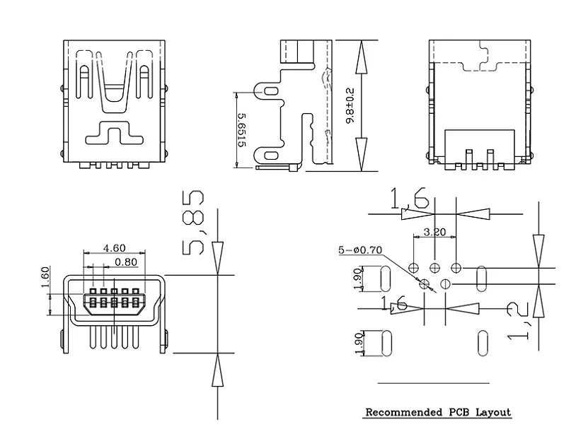 10Pieces 9Types Mini USB Connector B Type USB 2.0 Jack 5pin SMT DIP PCB Board Sink 1.7 USB Socket Female Jack 2.0