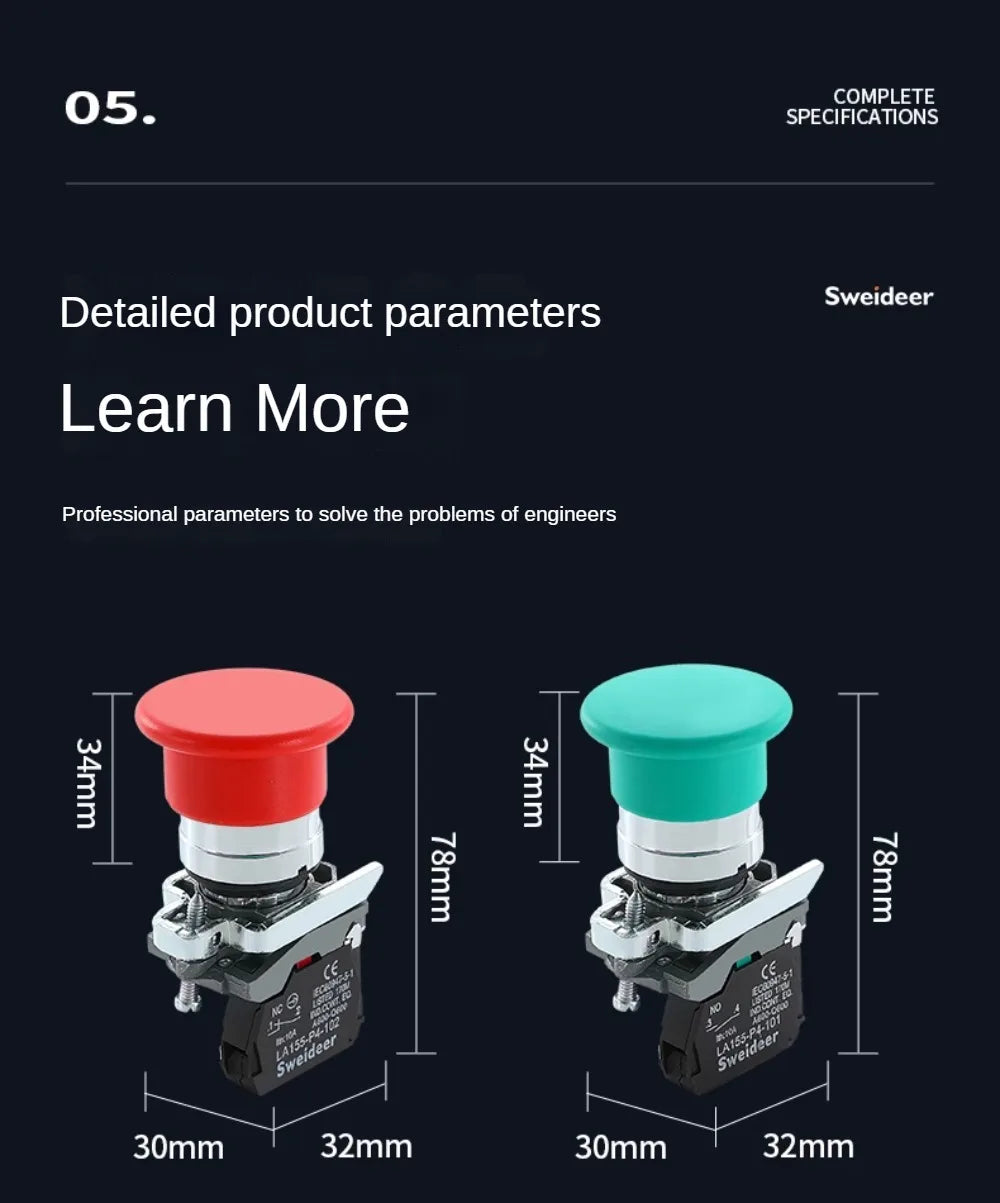 XB4 22mm Mushroom Emergency Stop Button Switch 10A Key Emergency Stop Power Push Button Switch 1NC 1NO Start Switch Red Green