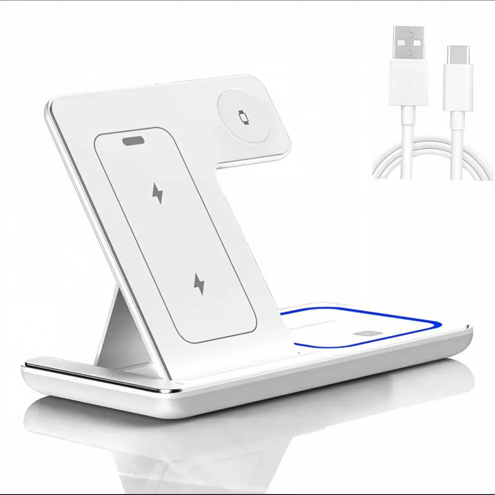 Fast Wireless Charger Charging Station 3-in-1 with Foldable Stand for Samsung iPhone 17 16 15 18 14 13 12 Apple Watch 9 8 7 Airpods, Professional for Xiaomi Huawei Type C Data Cable