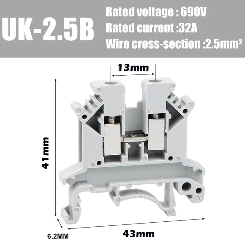 UK2.5B DIN Rail Terminal Block, 2.5mm² Screw Connection Wire Connector for Electrical Panel Wiring 20/50/100PCS