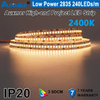 Auxmer Low Power 2835 LED Strip,Mono Color,120LEDs/m 240LEDs/m,CRI＞95/90,3SDCM,Super Bright Flex LED DC12/24V,5m/reel,IP20