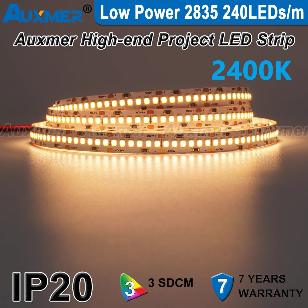Auxmer Low Power 2835 LED Strip,Mono Color,120LEDs/m 240LEDs/m,CRI＞95/90,3SDCM,Super Bright Flex LED DC12/24V,5m/reel,IP20