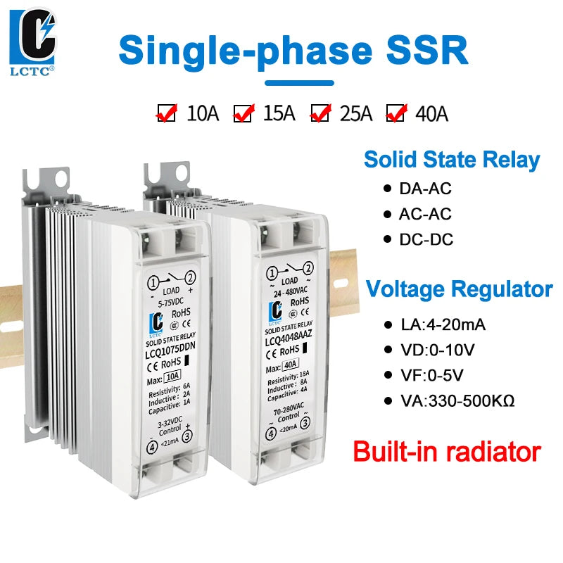 LCTC Solid State Relay DIN Rail Slim SSR 10/15/25/40A 0-10V 0-5V 4-20mA Voltage Regulator Relay With Heat Sink DC-AC DC-DC AC-AC