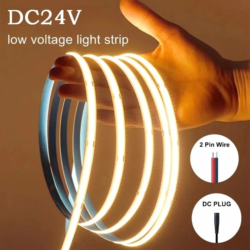 8mm Ultra Thin COB LED Strip DC12V/24V 0.5m-5m Flexible Tape with DC Plug 2pin Wire for Bedroom Living Room Cabinet Party Decor