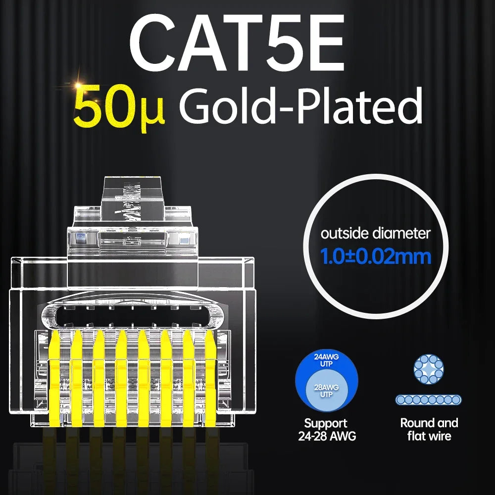 AMPCOM RJ45 Modular Plug, CAT5E CAT6 Pass Through Network Connectors UTP 3/50μ Gold-Plated 8P8C Crimp End for Ethernet Cable