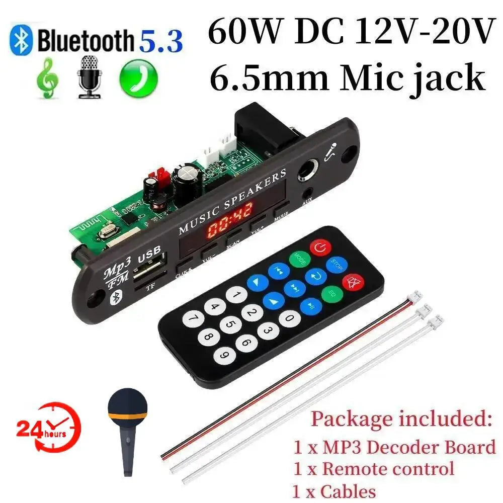 30W 60W Amplifier 12V MP3 Decoder Board Bluetooth 5.3 Stereo Audio DIY Car MP3 Player FM Radio TF USB 6.5mm Mic Jack Record Call