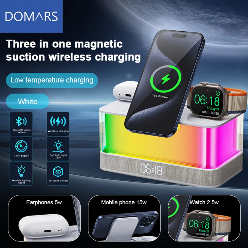 Domars Wireless Charger with Colorful Night Light and Built-In Audio Speaker Supports Fast Charging for Smartphones Earphones