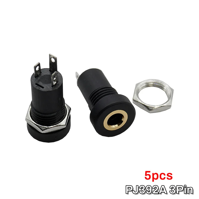 5PCS PJ392A 3.5MM Audio Jack Female Socket 3/4 Pole Stereo Solder Panel Mount Connector With Nuts PJ391 PJ-392A 3/4Pin Black