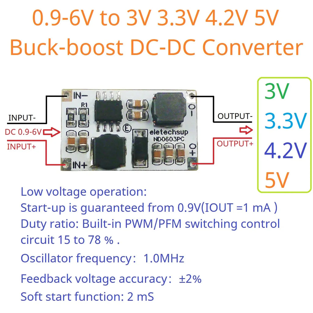 2 In 1 Auto Buck-Boost DC-DC Converter 0.9-6V to 3V 3.3V 4.2V 5V PWM PFM Voltage Regulator for LINO LIPO Lifpo4 Nimh Batery