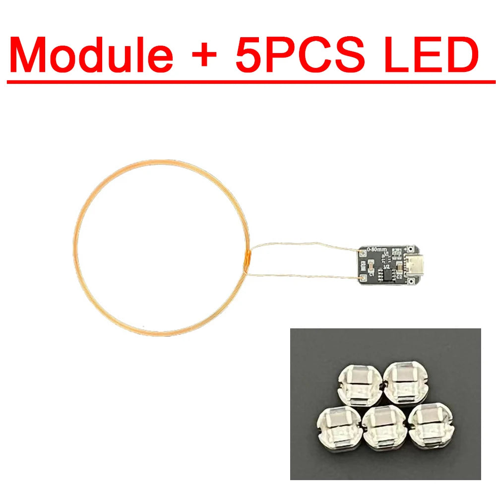 0~80mm Induction Wireless Power Supply Transmitter Coil Module TYPE-C USB DC 5V + 5pcs Wireless Receiver Led Lamp