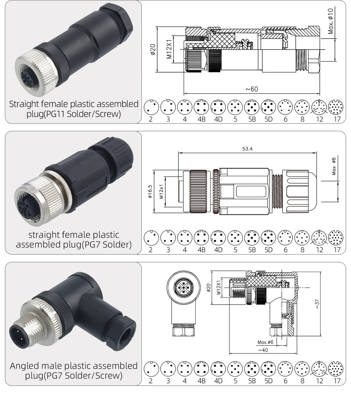 M12 Screw Termination Plastic Field Plug NMEA2000 5 Pin Straight Angled IP67 Waterproof 3 4 6 8 Poles Sensor Connectors PG7 PG9
