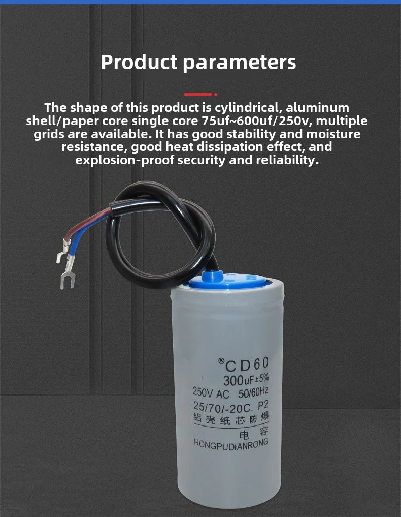 CD60 Motor Water Pump Starting Capacitor 250V 450V AC 50UF 75UF 100UF 150UF 200UF 250UF 300UF 350UF 400UF 500UF 600UF 800UF
