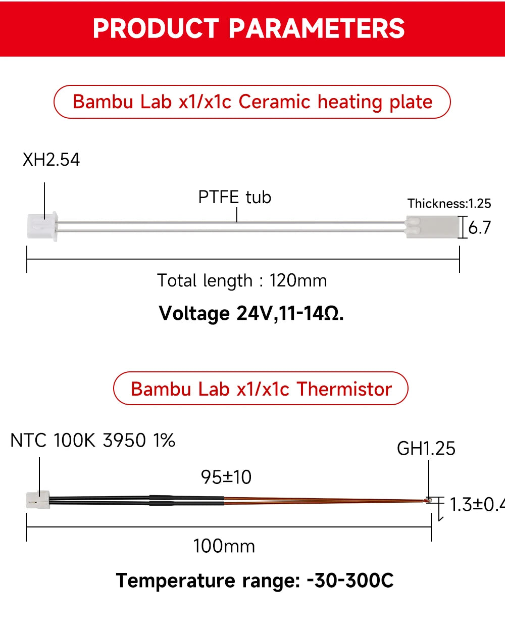 For Bambu Lab Hotend V2.0 V3.0 Kit X1C P1P Thermistor & Ceramic Heater Plate Hotend V3 Heater Cartridge 24V 50W 3D Printer Parts