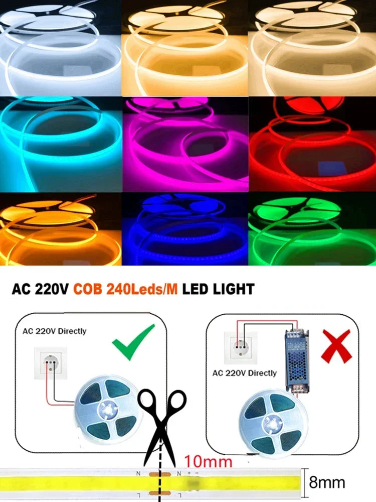 220V COB LED Strip 0.5M-10M Flexible Tape Light Smart IC No Need Driver High Bright 240 LEDs Linear Lighting RA95 Warm Ice Blue