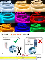 220V COB LED Strip 0.5M-10M Flexible Tape Light Smart IC No Need Driver High Bright 240 LEDs Linear Lighting RA95 Warm Ice Blue