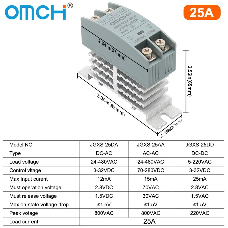 OMCH DIN Rail Solid State Relay SSR With Heatsink 10A 25A 40A 60A 80A 100A 120A DC-AC DC-DC AC-AC Single Phase Control
