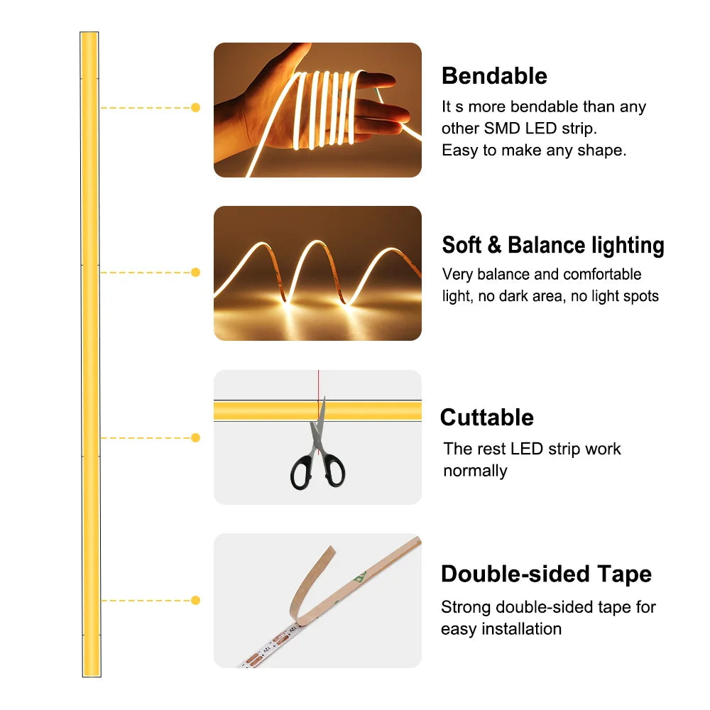 FOB COB LED Strip Lights 3mm 5mm 8mm 10mm 12V 24V Flexible Dimmable LED Tape Easy Install Cuttable 3000K 4000K 6000K LED Tape
