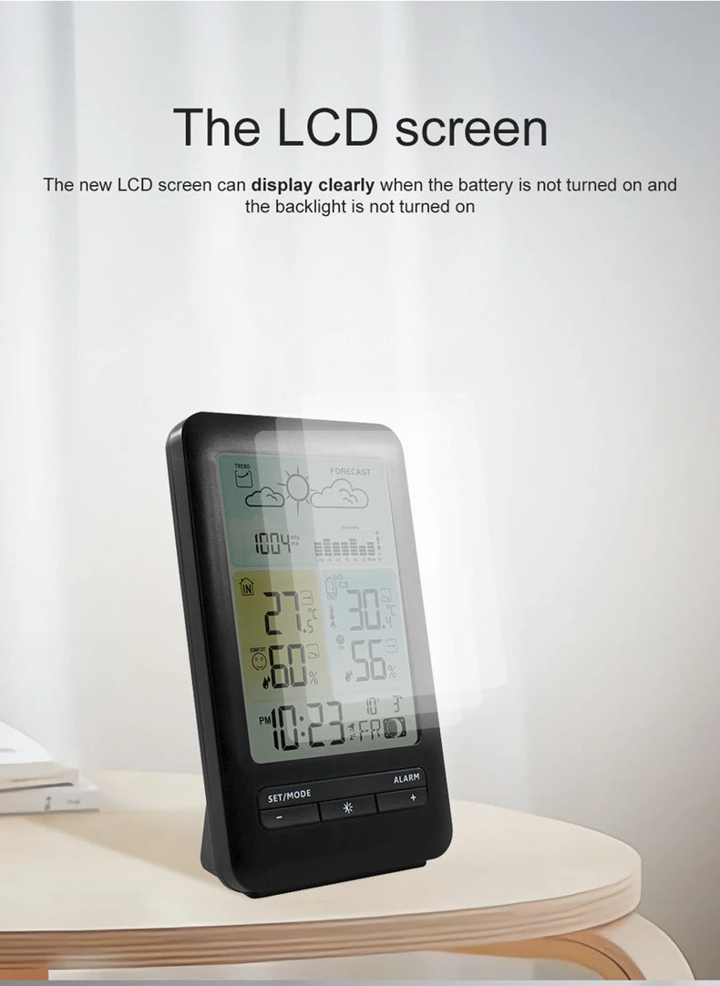 Wireless Table Weather Station Color LCD Digital Temperature Humidity Monitor Moon Phase Barometer Forecast Sensor Alarm Clock