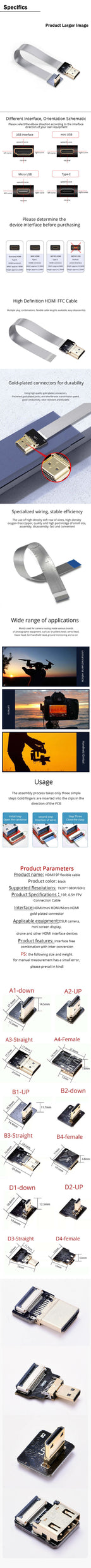 HDMI-compatible FPV-HDMI FFC-HDMI Ribbon Cable 90 Degree Mini/Micro-HDMI to Standard-HDMI Flexible Wire FPV Aerial 5cm 10cm 20cm