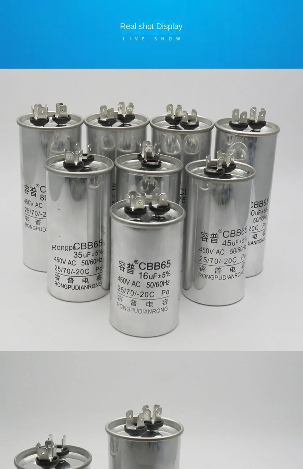 CBB65 450V AC Motor Capacitor Air Conditioner Compressor Start 5uF 6uF 20uF 25uF 30uF 35uF 40uF 45uF 50uF 60uF 70uF