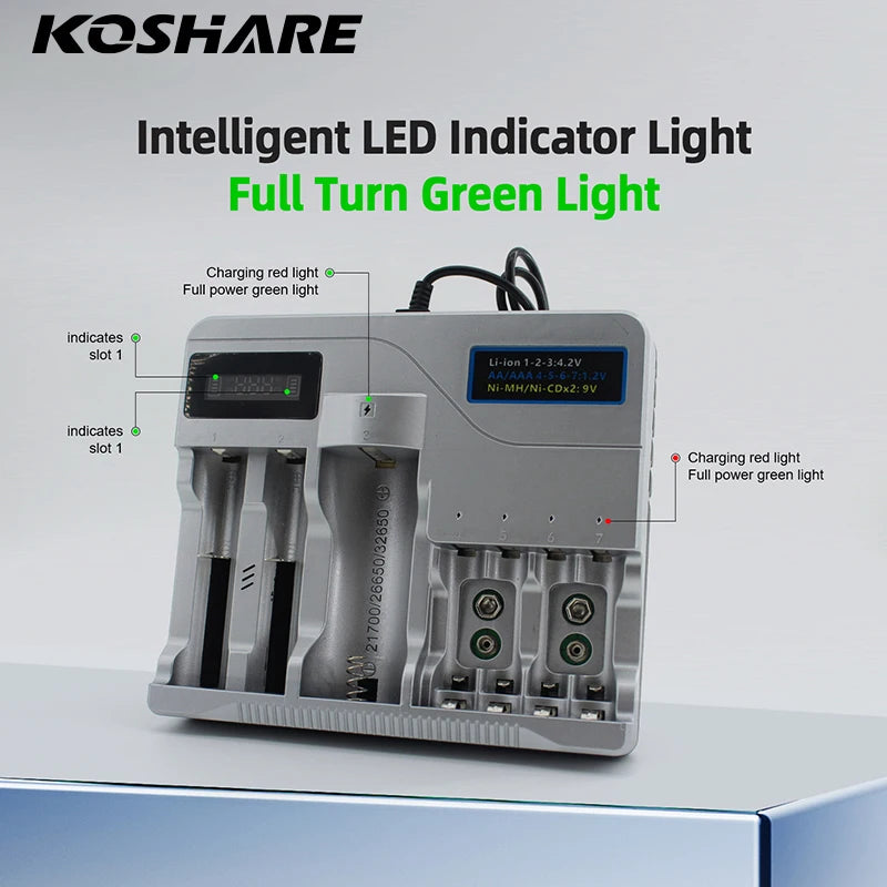 KOSHARE LED Smart Battery Charger For AA AAA Ni-MH Ni-Cd 9V Batteries 18650/16340/14500/21700 /26650/32650 Lithium Battery