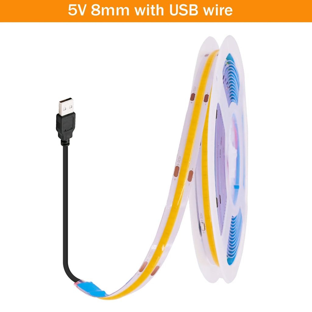 5V USB COB LED Strip 12V 3mm 5mm 8mm Width Flexible LED Tape 320LEDs COB Light with Adhesive High Density Linear Lighting