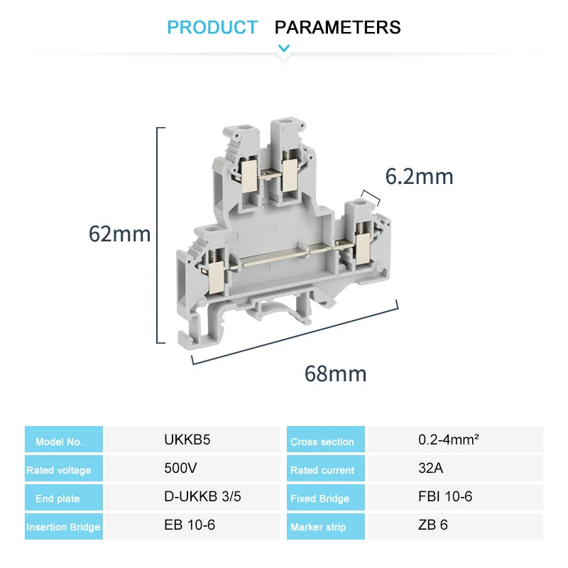 10Pcs UKK/UKKB 5 Double-Level Terminal Block 2 Layer 0.2 - 4 mm² Plug Wire Electrical Screw Connector DIN Rail Termin UKK5 UKKB5
