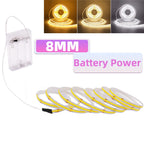 3mm 5mm PCB Battery Power COB LED Strip Light 5V Warm Natural White Blue Red Green Pink Tape 320LEDs 8mm High Density Flex Lamp