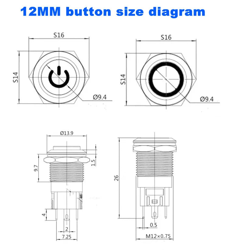 12 16 19 22mm waterproof metal button switch with connector LED lamp instant lock automotive engine power switch 6V 12V 24V 220V