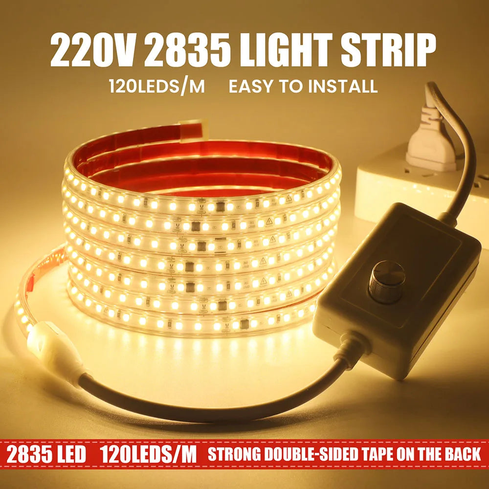 Dimmable LED Strip Light 220V Switch EU Power Dimmer Kit Waterproof 2835 120LEDs/M High Bright Flex Tape Home Decor 0.5M 10M 20M