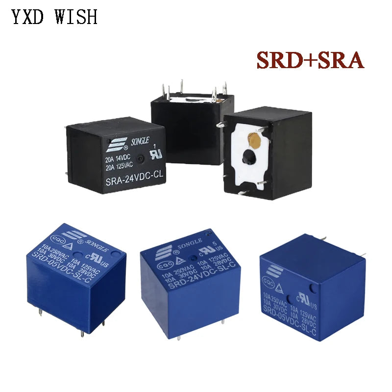 100pcs DC 5V 12V 24V 5Pin Relay SRD-05V/12V/24VDC-SL-C 10A 250VAC Mini Power Relay SRA- 05VDC 12VDC 24VDC-CL 20A 5Pin Relays