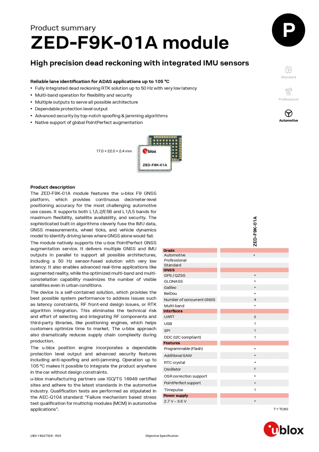 ZED-F9K-01A 184-Channel GNSS Module Development Board RTK NMEA/UBX/RTCM3.3 Protocols RTK Convergence  10s 2.7-3.6V Supply