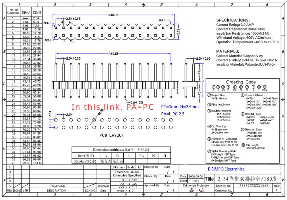 50pcs 2.54mm Double Row 2X40P L15/17/19/21mm PH2.5 PA=PC Plastic in Middle Breakaway Stack PCB Board Male Pin Header Connector