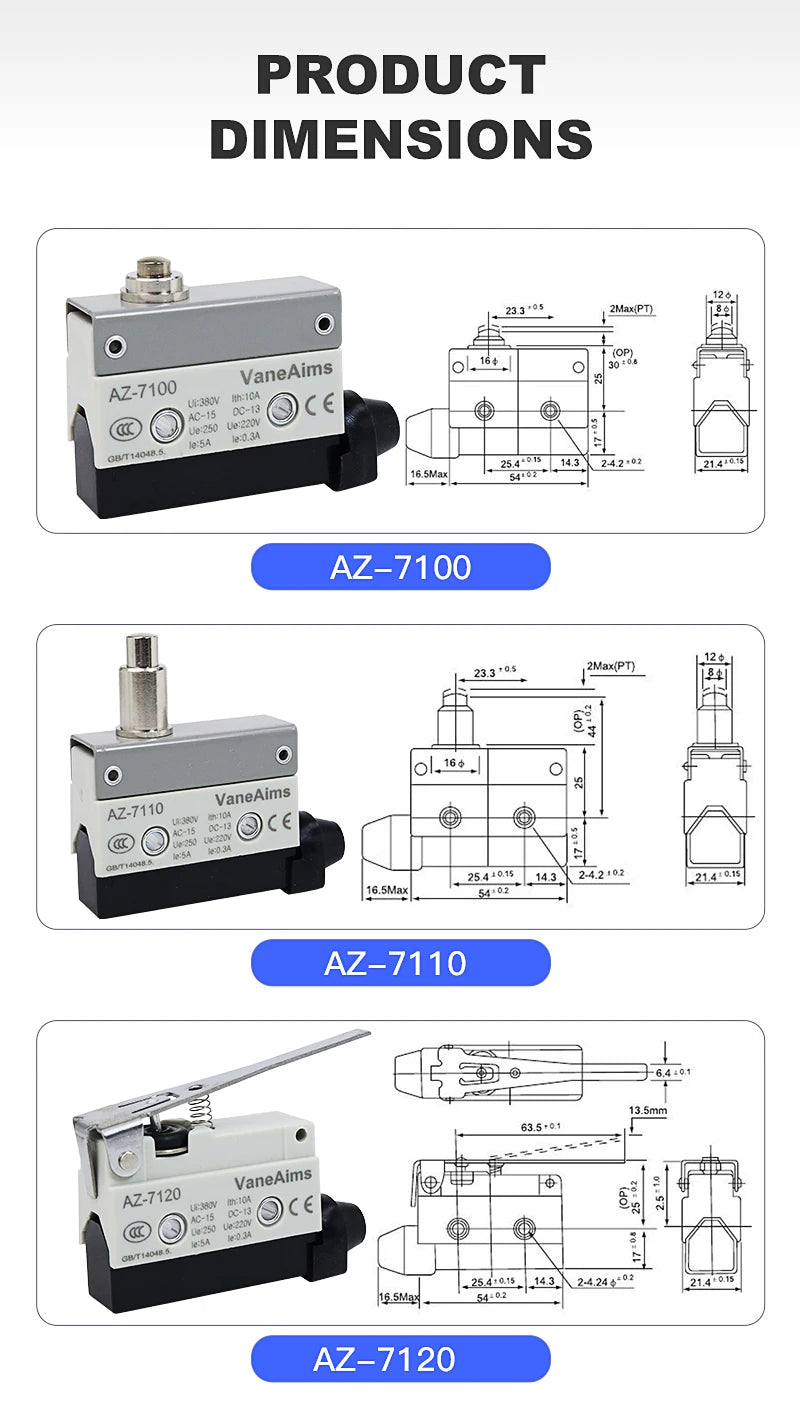 Waterproof AZ Micro Limit switch 10A 250V AZ-7312 AZ-7311 AZ-7121 AZ-7120 Small Roller Lever Travel Switch without fixation