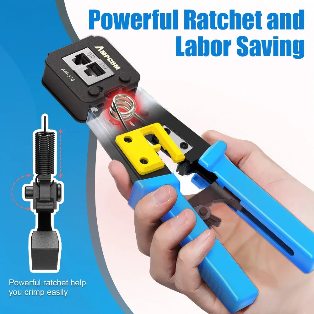 AMPCOM RJ45 Crimp Tool Pass Through Cat5 Cat5e Cat6 Crimper Cutter Stripper for RJ45 RJ12 RJ11 8P 6P End Pass Through connector