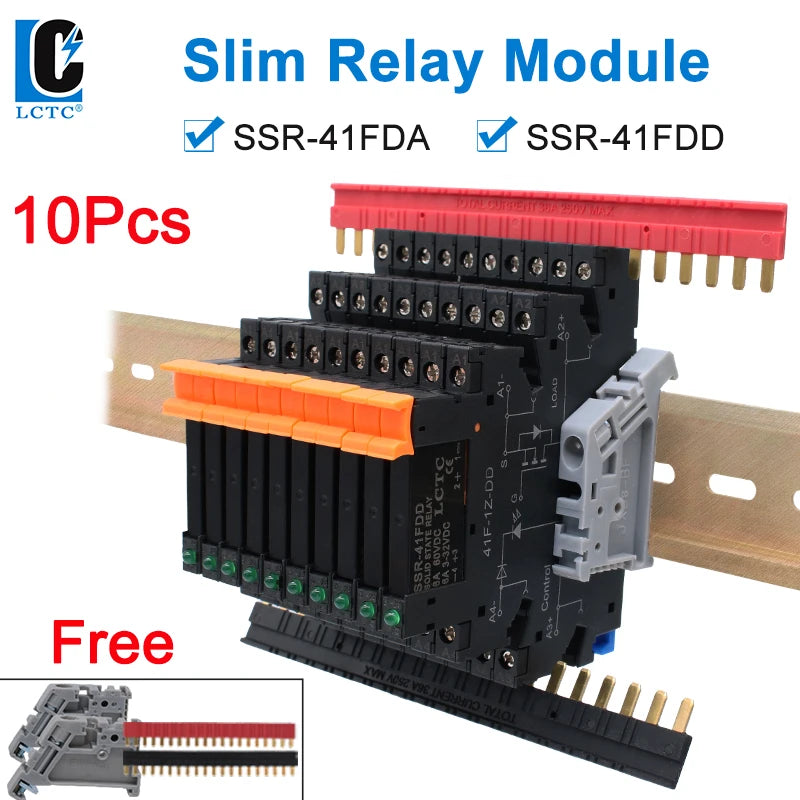 LCTC 10PCS SSR Solid State Relay DIN Rail Terminal Slim Relay Module SSR-41FDD/DA DC To AC DC To DC 6A With LED Non-contactLED