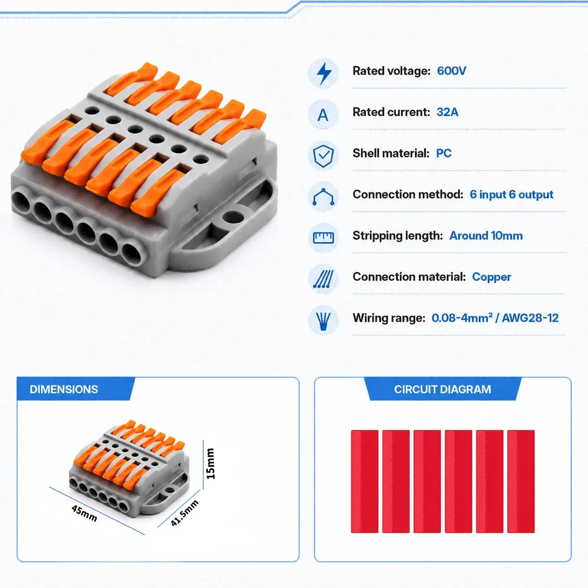 2P-30P Lever Electrical Wire Connector Terminal Block Electrical Cable Connectors Wire Terminals 1 In 1 Out Screw Mount 600V 32A