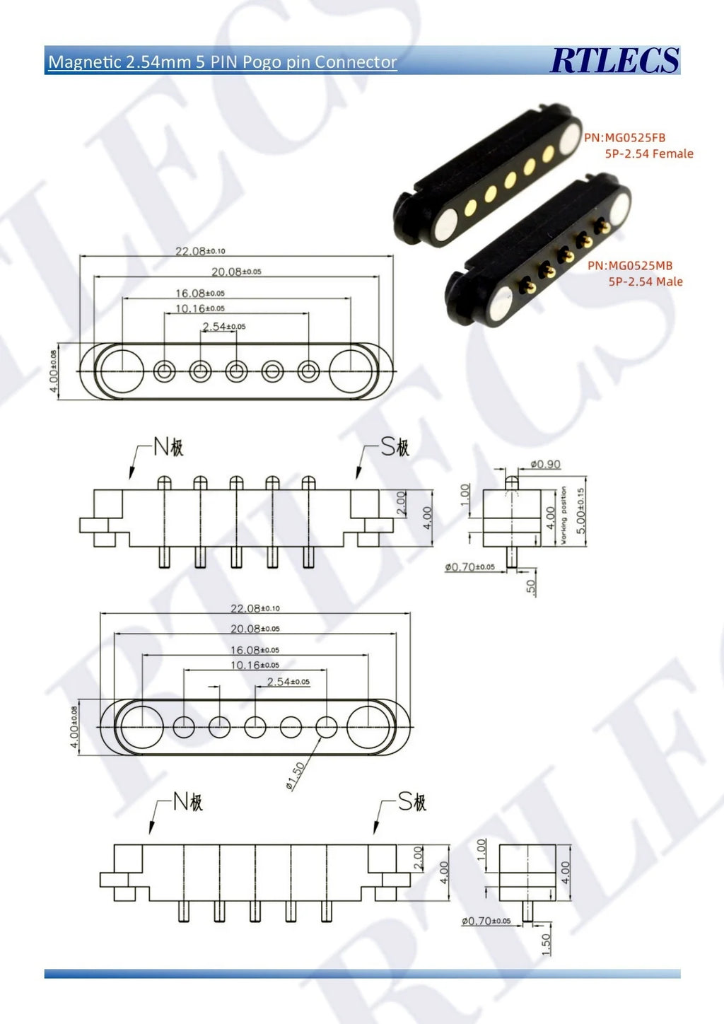 Smart Wristband Male Female Wire 2 3 4 5 Pole USB Type-C DC Charger Connector 2A DC Smart Watch Magnetic Pogo Pin Universal