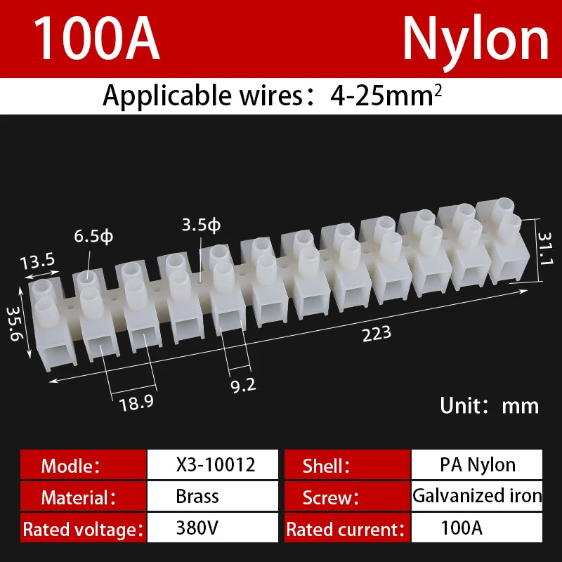 12 Position Barrier Screw X3-1012 Nylon Plastic Terminal Block 20A Transparent White Copper 380V Wire Connector Dual Row