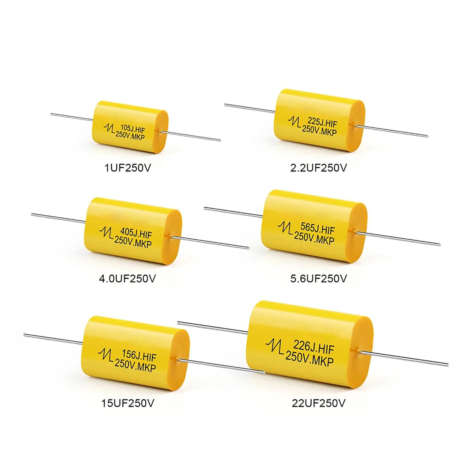 5PCS Film Capacitor Audio 250V DC Round Axial Lead Type Polypropylene Capacitors Yellow Frequency Dividing 1UF 1.5UF 1.8UF 2.2UF